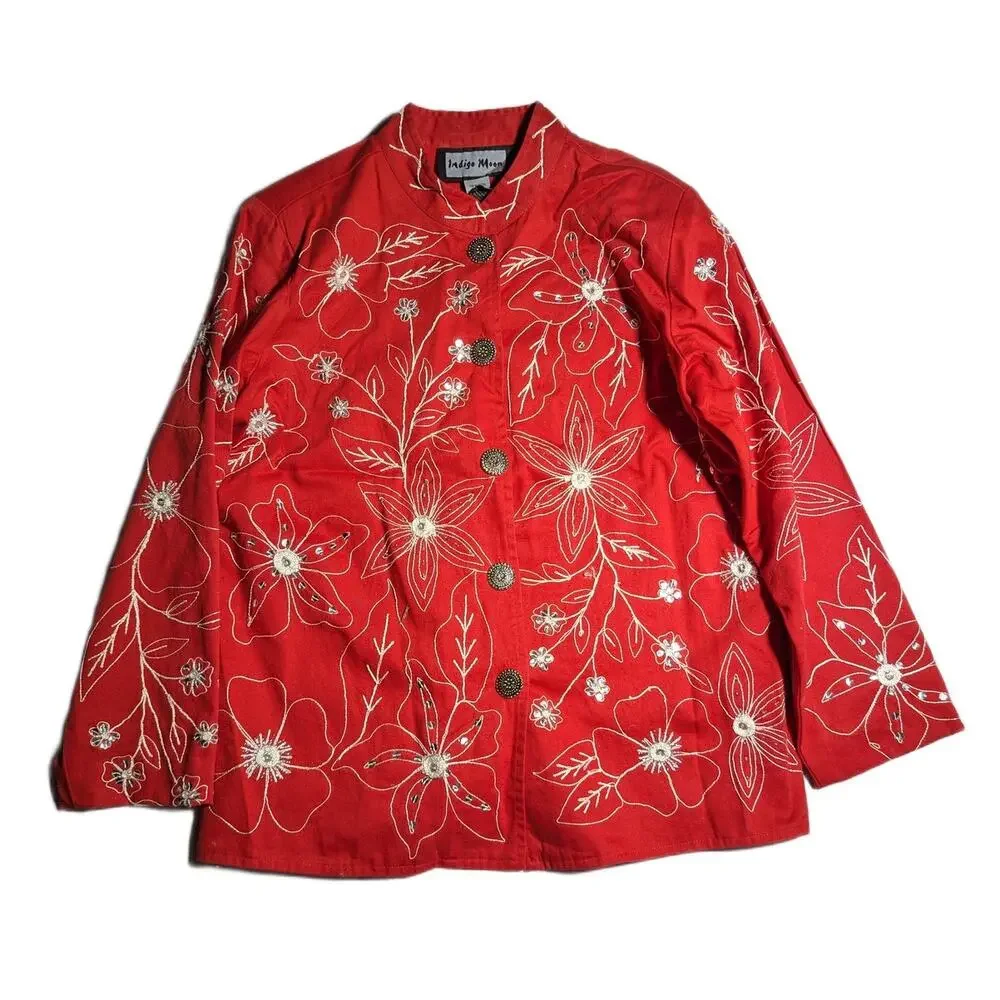 Vtg Y2K Indigo Moon Red White Floral Embroidered Mandarin Collar Jacket Sz S